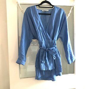 ZARA Flowy Linen Blouse With Tie Belt Wasit